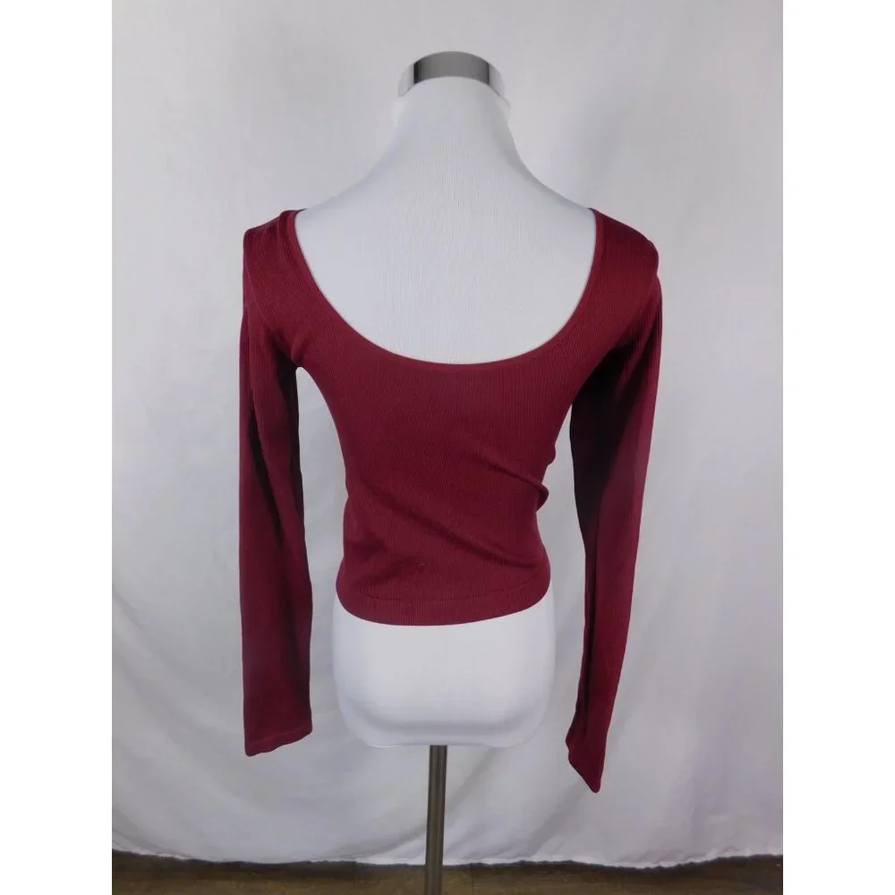 Wild Fable Burgundy Ribbed Long Sleeve Scoop Neck Crop Top S - Excellent